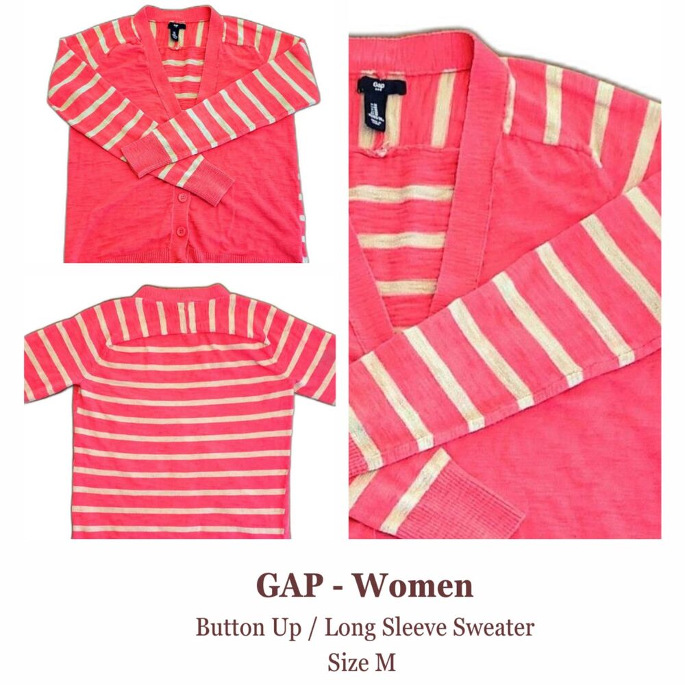 Gap Women Button Up Long Sleeve Sweater Pink & Grey Striped Size M